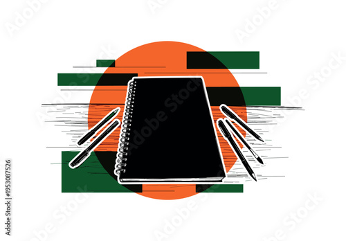 Black and white sketchbook resting on a table with pens and brushes, bright orange circle halo behind, dark green rectangular fragments forming abstract