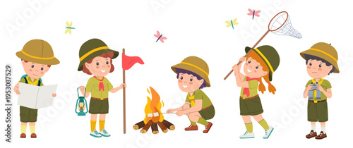 Set of happy scout children. Cute kids in uniforms with camping equipment spend weekend at summer camp. Little boy and girl scouts. Flat vector illustration collection isolated on background