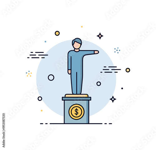 Human statue performer concept illustrated by a still figure on a small pedestal with a coin icon below, symbolizing performance art and patience in public