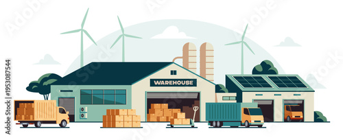 Warehouse industry. Exterior of warehouse building with employees unloading boxes from trucks. Logistics, delivery, and shipping. Distribution center. Flat vector illustration isolated on background