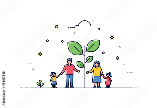 Growing together tall plant in the center gradually increasing in height with family figures standing beside it at different stages. A symbolic editorial