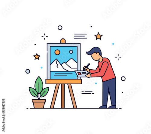 Art career milestone illustrated by an artist figure signing a small card beside a displayed painting, symbolizing sales and public recognition. The