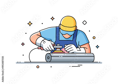 A metalworker polishing a shiny steel surface with protective gloves, reflecting careful finishing, attention to detail, and professional