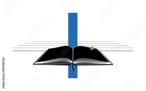 Black and white notebook lying on abstract desk plane, bold blue vertical bar dividing composition like page margin, thin horizontal ruled lines extending