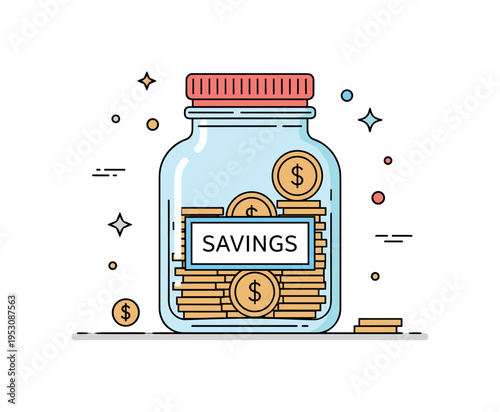 Saving jar clear glass jar filled with neatly stacked coins and a small label reading Savings, expressing discipline and long term financial planning. A clean