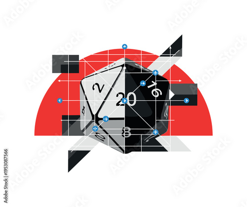Black and white twenty-sided dice enlarged and partially cropped, bright red semicircle anchoring background, thin grid lines referencing strategy maps, small