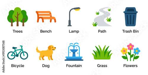 A collection of isolated flat design icons representing various park elements, including trees, bench, lamp, path, trash bin, bicycle, dog, fountain, grass, and flowers.