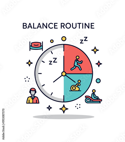 Balanced daily routine clock icon divided into sections with small symbols for sleep, exercise and relaxation. A thoughtful micro scene highlighting time