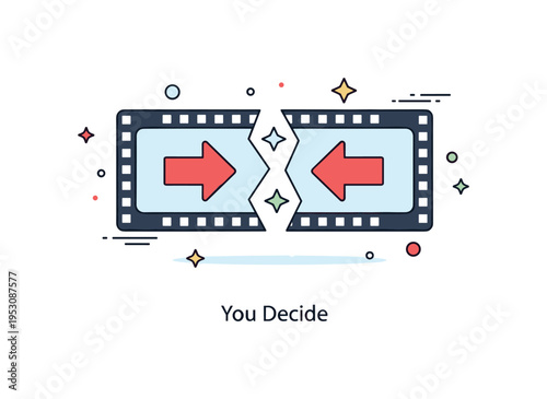 Choose your own adventure movie concept with a film frame splitting into two directional arrows on screen. Minimal star accents and a concise ?You Decide?