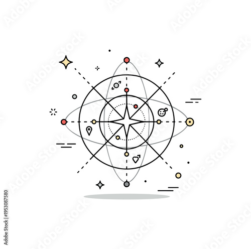 Cosmic navigation chart simplified star map with intersecting lines and small coordinate markers surrounding a bright central star. A compact visual metaphor