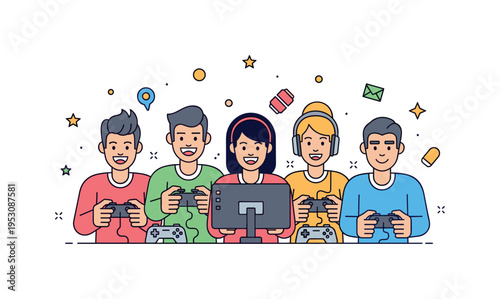 A group of friends playing video games together with controllers and joyful expressions, highlighting fun, teamwork, and social entertainment. Minimalist flat