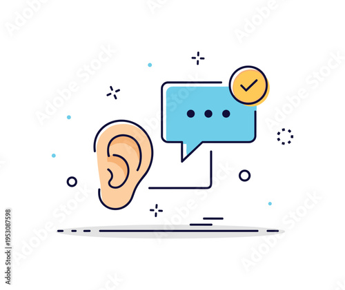 Active listening across cultures represented by a stylized ear icon connected to a speech bubble with a small checkmark, emphasizing attention and validation.
