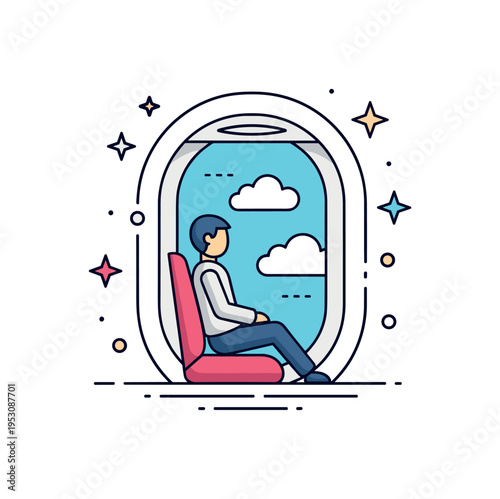 Sitting on a plane centered on a passenger silhouette by a rounded airplane window, with soft cloud shapes visible outside to suggest altitude and quiet travel