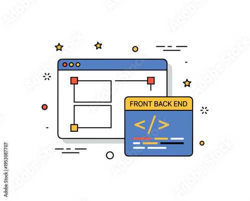 Web development interface browser window with simple layout grid and code panel beside it, representing front end and back end connection. A refined concept