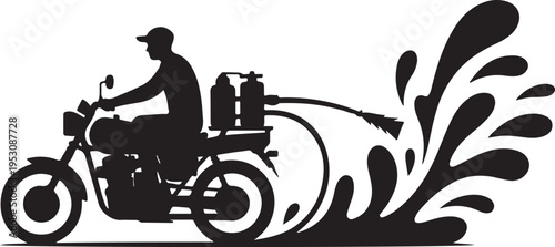 Black silhouette of man spraying liquid from motorcycle