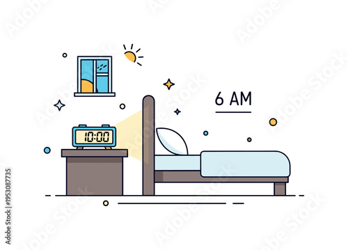 Bedroom morning setup featuring a digital alarm clock glowing gently on a nightstand next to a tidy bed edge. A tiny window with rising sun accent and a short