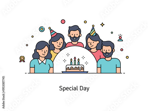 Birthday milestone celebration depicted by friends gathered in a semicircle around a candlelit cake with subtle sparkle accents. A gentle ?Special Day? caption