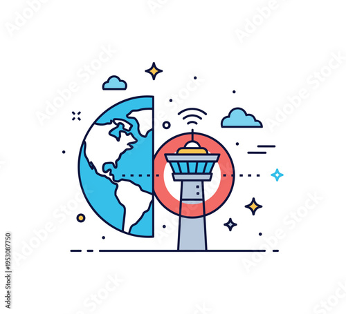 Controlled airspace zone concept showing a simplified globe segment with a highlighted circular zone and a central tower, symbolizing regulated skies and
