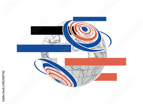 A monochrome topographic map warped into a spherical geoid shape, overlaid with bold geometric arcs and concentric circles, abstract rectangular color blocks