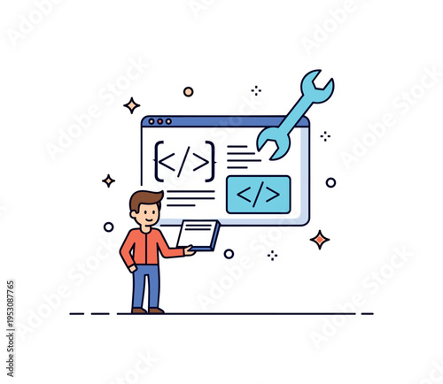 Developer fixing bugs theme centered on a simple screen with brackets and code symbols while a small wrench icon hovers nearby, expressing technical refinement