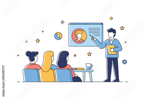 Students attending an academic seminar with a lecturer pointing at a digital screen, highlighting learning, engagement, and professional development in higher