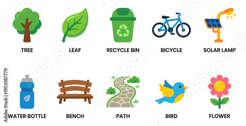 A flat design illustration featuring various park elements like a tree, leaf, recycle bin, bicycle, solar lamp, water bottle, bench, path, bird, and flower.