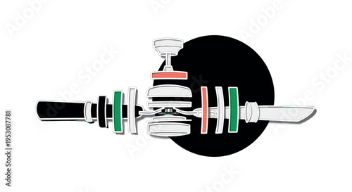 A monochrome exploded view of a ceiling fan blade separated into geometric segments, flat rectangles and cylinders representing structure, large bold circle