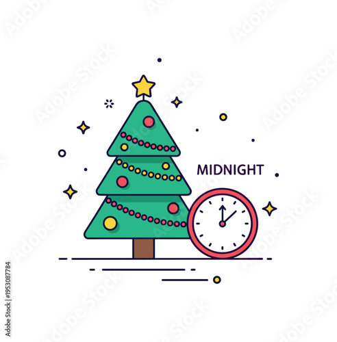 Christmas and New Year celebrations featuring a decorated evergreen tree beside a small clock approaching midnight, expressing warmth, anticipation and festive