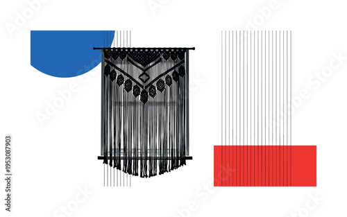 Black and white macrame curtain partially covering a window silhouette, bold blue circular accent framing upper corner, red rectangular block anchoring lower