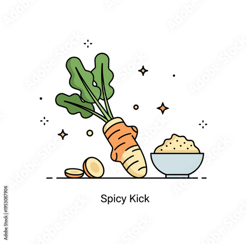Horseradish root with leafy green tops placed beside a small bowl of grated condiment expressing sharp flavor and culinary tradition. A subtle ?Spicy Kick?