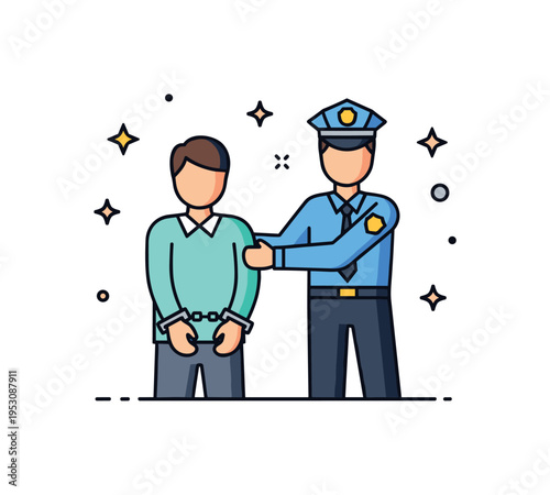 A person wearing handcuffs while being escorted by an officer, small decorative stars and abstract dots highlighting legal process, arrest, and law enforcement