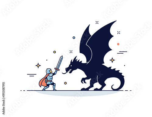 Hero confronting dragon illustrated with a tiny armored figure raising a sword toward a large winged silhouette, capturing courage and mythical storytelling in