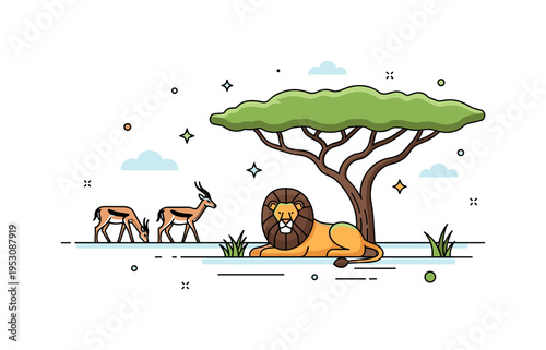 Savanna wildlife depicted by a rhinoceros drinking from a small waterhole with birds perched nearby, highlighting coexistence and biodiversity. Minimalist flat