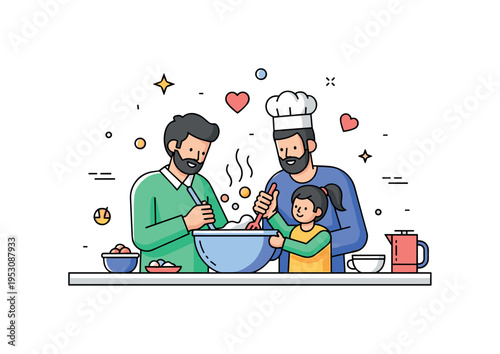 Family cooking together in a cozy kitchen scene centered on two adults and a child stirring a large mixing bowl on a countertop, expressing warmth,