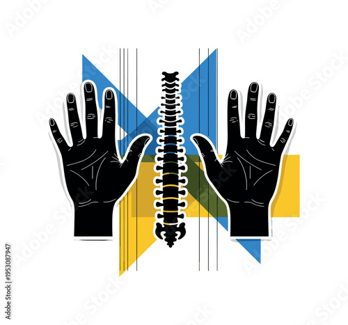 Front-facing black and white humanoid assistant figure with subtle facial features, layered with overlapping blue and green flat geometric shapes and thin