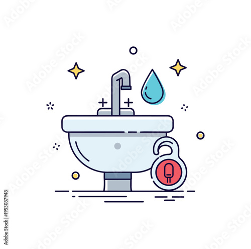 Clean water and sanitation simple sink with water droplet icon paired with a subtle hygiene symbol. A clear editorial badge emphasizing safe facilities and