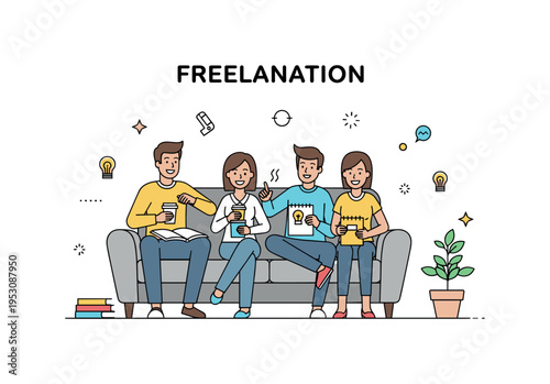 Freelancers taking creative breaks sitting on a cozy office sofa with coffee and sketchbooks, sharing ideas and laughter, emphasizing relaxation, inspiration,
