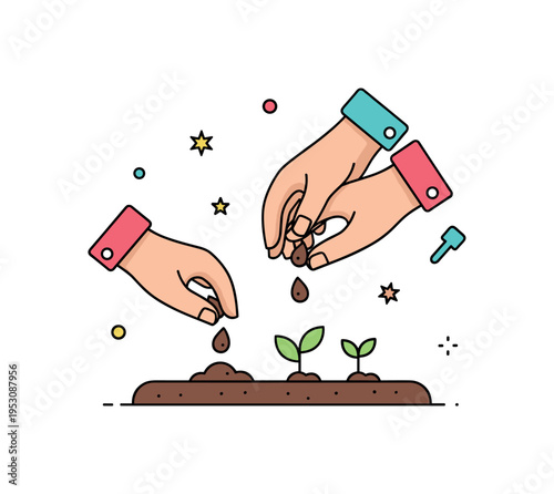 Planting seeds together small hands dropping seeds into soil while adult hands gently guide, tiny sprouts emerging above ground. A hopeful visual metaphor for