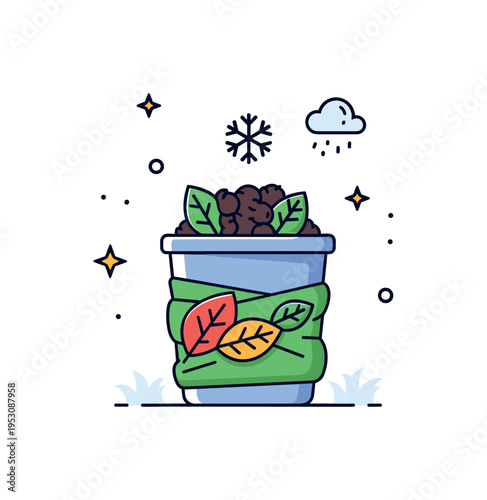 Seasonal compost care during colder months illustrated by a compost bin with a small snowflake above and insulating leaves wrapped around it, representing