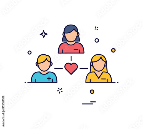 Interdisciplinary care team concept built around three simplified healthcare silhouettes connected by a small heart icon, symbolizing coordinated and