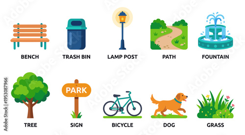 A vibrant collection of stylized park icons including a bench, trash bin, lamp post, path, fountain, tree, sign, bicycle, dog, and grass.