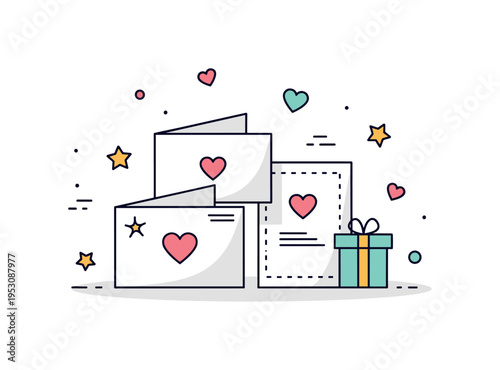 Handmade greeting cards displayed with miniature hearts and stars around, creating a playful, cheerful, and personalized gifting scene. Minimalist flat vector