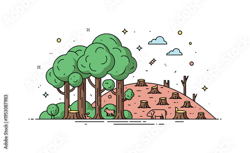 Contrast between lush forest and cleared land with a few scattered animals and stumps, emphasizing the stark effects of deforestation. Minimalist flat vector