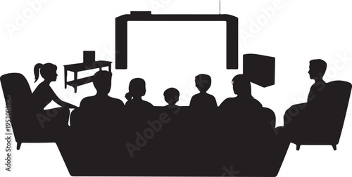Black silhouette of people sitting on a couch watching a presentation