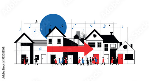 Black and white suburban house row simplified into geometric shapes, tiny caroler figures moving door to door, bold red arrow subtly indicating direction of