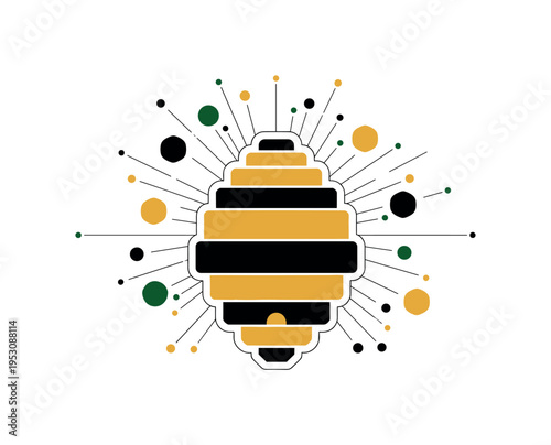 A monochrome beehive combined with abstract hexagonal and circular shapes expanding outward, thin lines connecting pollination paths across the composition,