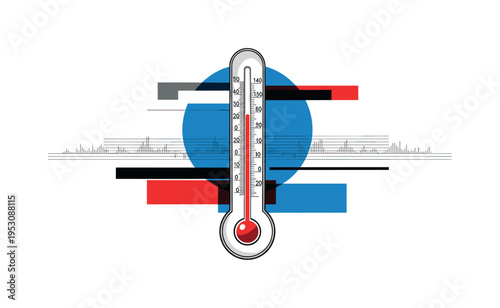 Black and white vintage thermometer enlarged as central object, red column rising dramatically, overlapping blue circle behind for contrast, thin horizontal