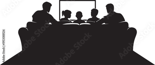 Black silhouette of people sitting on a couch watching a screen