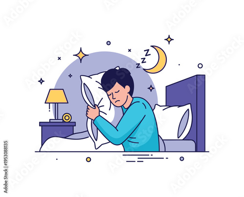 Person squeezing a pillow tightly with eyes closed in a dim bedroom, illustrating stress, sleeplessness, and the search for comfort at night. Minimalist flat