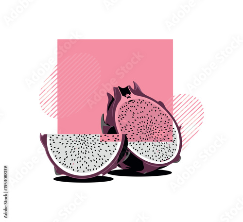 Black and white dragon fruit sliced open with visible seeds, large pink geometric block offset behind emphasizing exotic texture, subtle diagonal lines